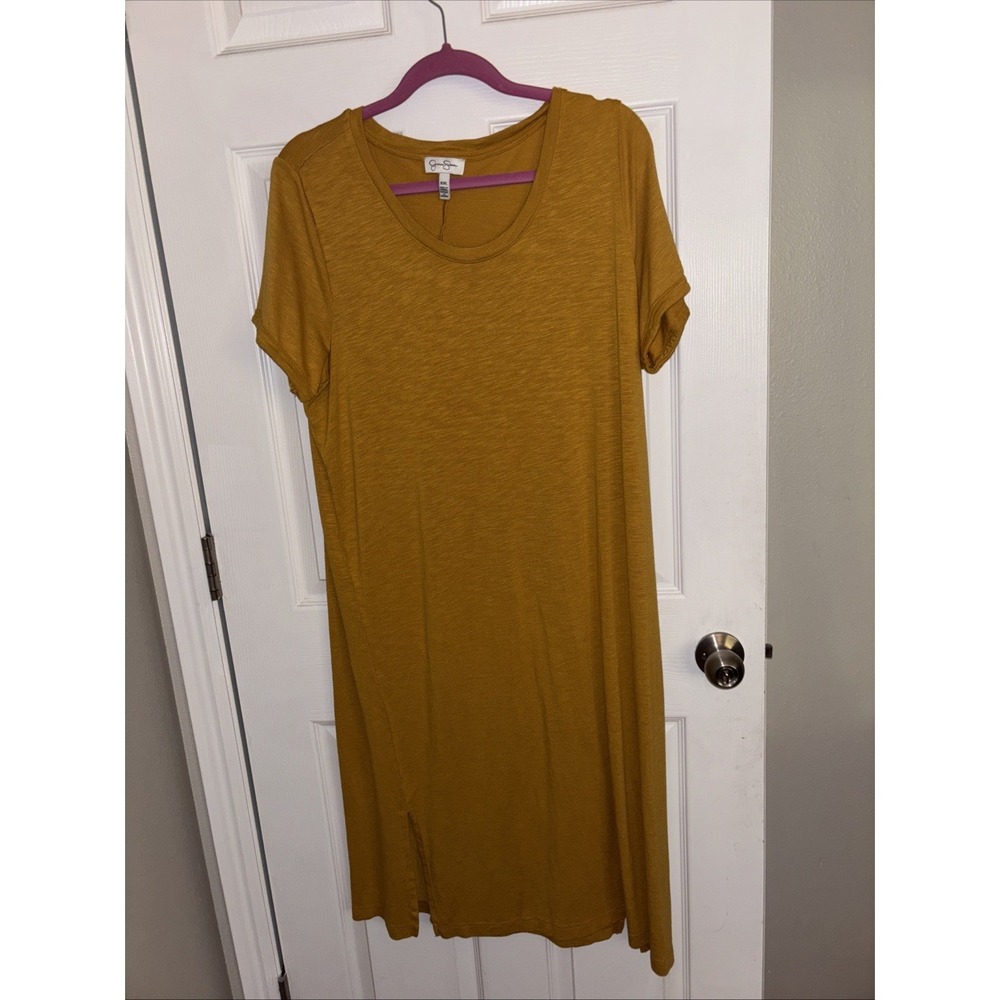 Jessica Simpson T-Shirt Dress Womens XXL Short Sleeve Midi Mustard Yellow Slit